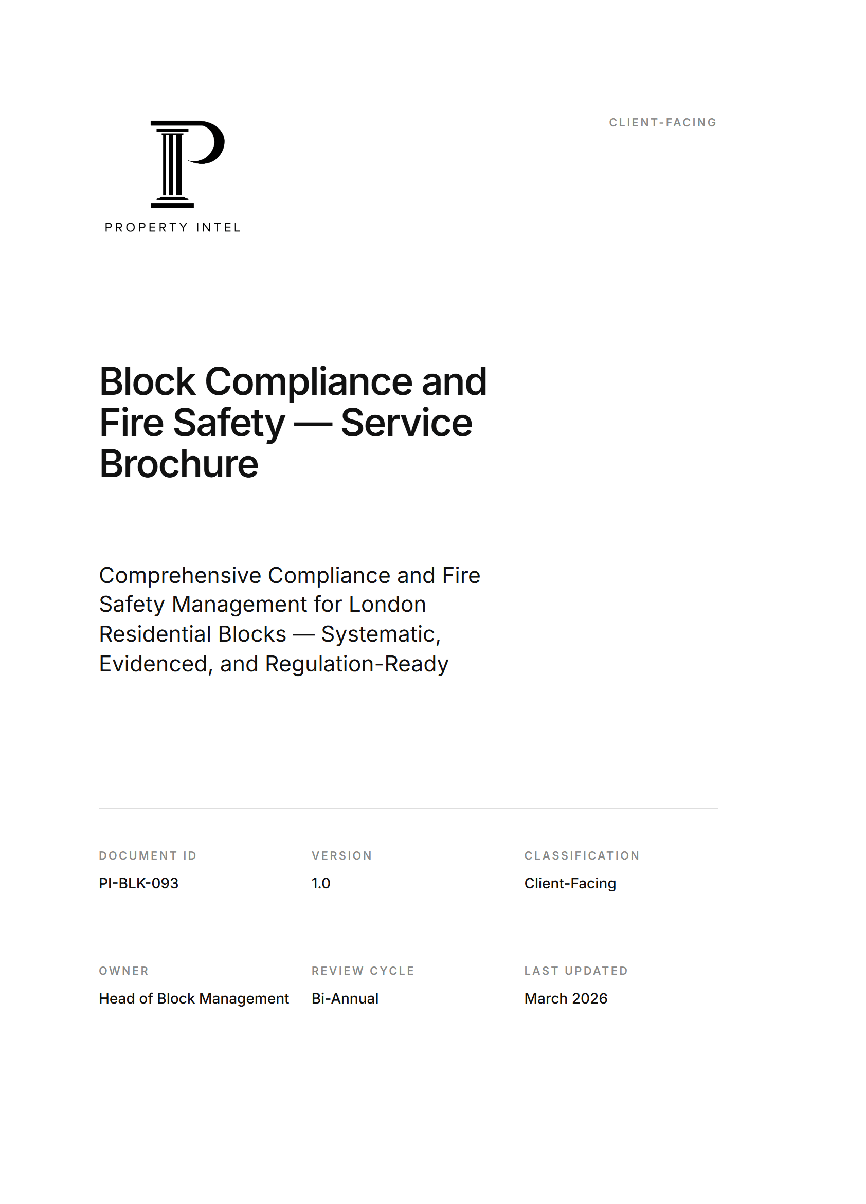 Cover preview for the Block Compliance and Fire Safety brochure.