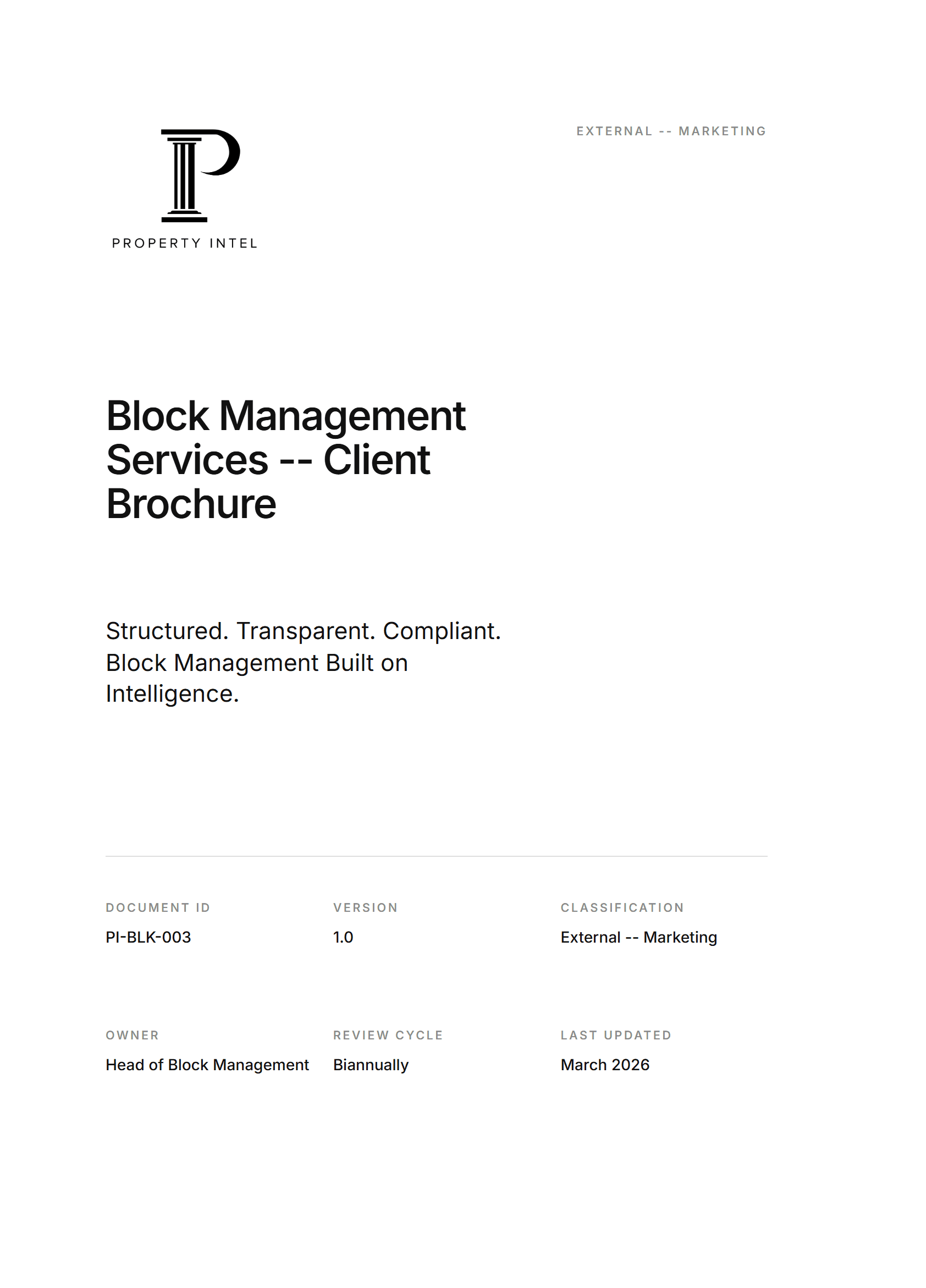 Preview of the Block Management Services brochure cover.