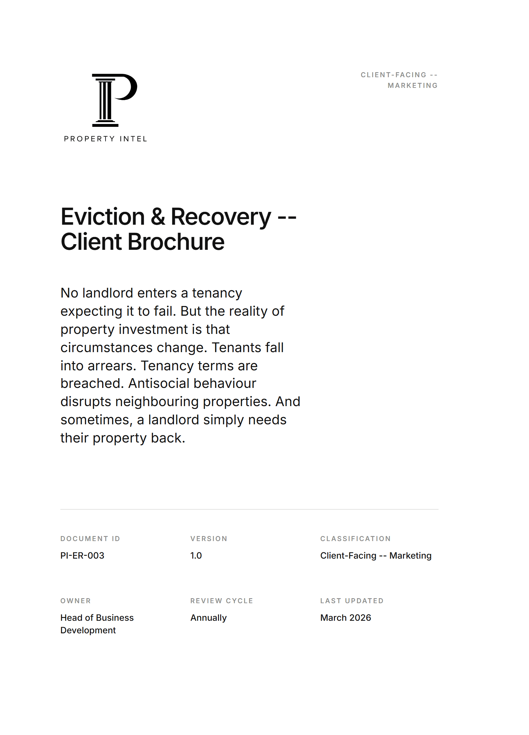 Cover preview for the Eviction and Recovery brochure.