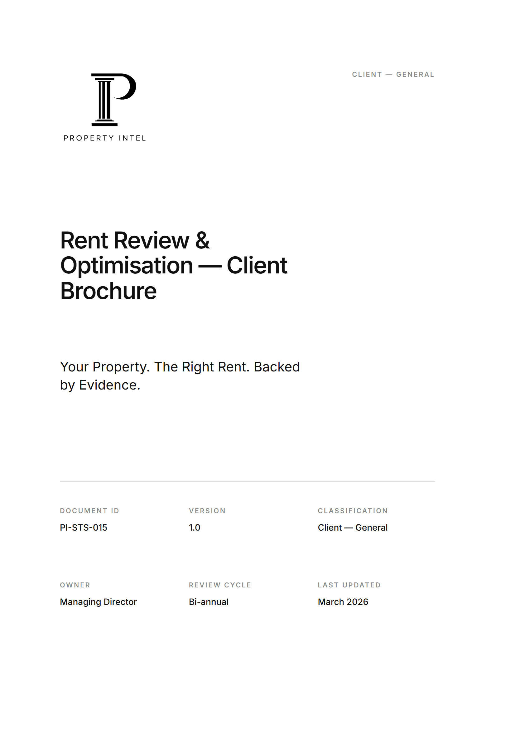Cover preview for the Rent Review and Optimisation brochure.